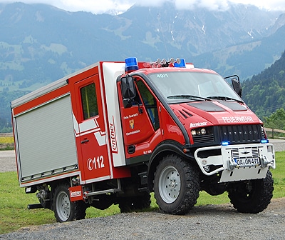 T-Rex auf einem Allradfahrgestell vom Typ TGR 60-E4. Zwei dieser Fahrzeuge beschaffte die FF Obermaiselstein als Ersatz für ein LF 8. Foto: Volz
