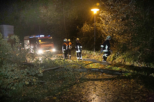 Auch der Kreis Traunstein ist vom Unwetter betroffen. Bei Tacherting-Tettenhausen muss die Feuerwehr umgestürzte Bäume von der Straße entfernen. Foto: fib/FDL