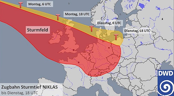 Entwicklung des Strumtiefs "Niklas". Grafik: Deutscher Wetterdienst