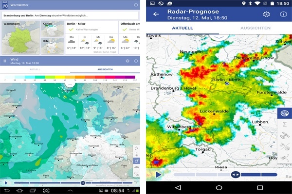 Screenshots aus der Unwetter-App des Deutschen Wetterdienstes. Screenshot: DWD