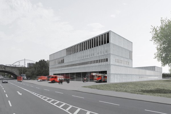 So soll der Neubau des Feuerwehrzentrums Köln Kalk nach der Fertigstellung aussehen. Grafik: Knoche Architekten