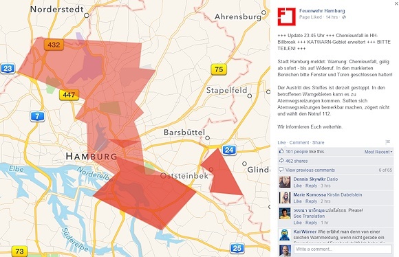 Die Feuerwehr Hamburg veröffentlichte am Donnerstag kurz vor Mitternacht eine erweiterte Warnung an die Bevölkerung. Screenshot: Facebook
