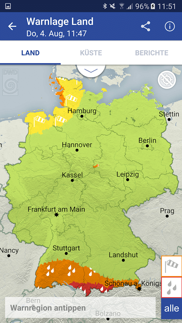 DWD Warnwetterapp: ab sofort örtlich genauere Warnungen möglich. Foto: DWD