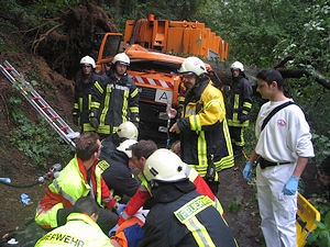 Umgestürzter Baum bei Heiligenhaus: Der schwer verletzte Fahrer wird von Rettungsdienst und Feuerwehr versorgt. Foto: Polizei