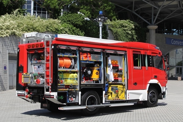 Das HLF 20 der Feuerwehr Stockstadt am Main. Hier zu sehen in anderer Farbe auf der Interschutz 2015. Foto: Christopher Benkert