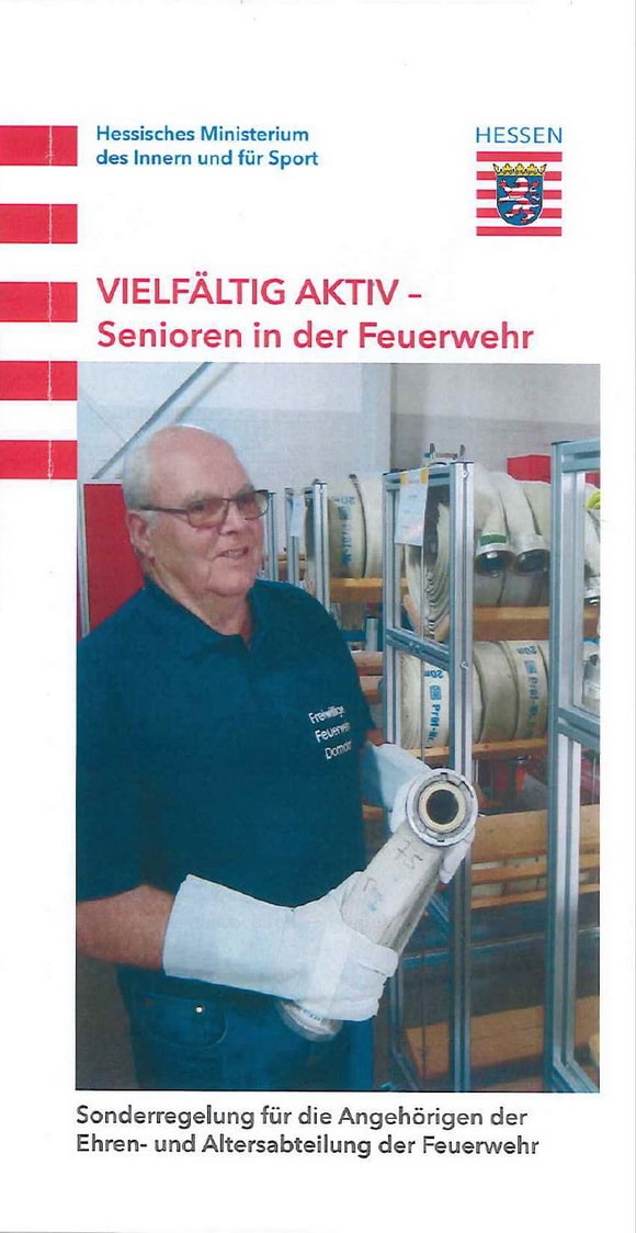 Titelbild des neuen Flyers "Vielfältig aktiv - Sebioren in der Feuerwehr", der heute in Hessen vorgestellt worden ist. 