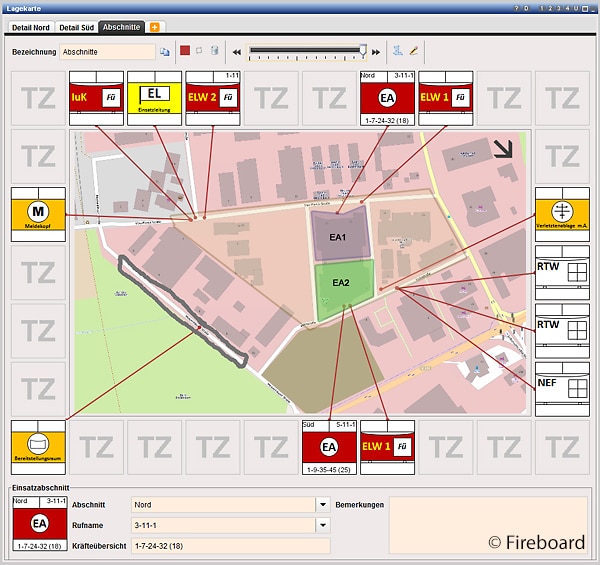 Digitale Lagekarte mit rundherum angeordneten taktischen Symbolen.