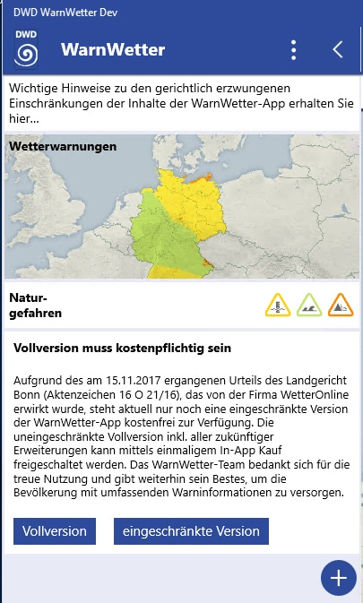 Künftig in der Vollversion kostenpflichtig: WarnWetter-App des Deutschen Wetterdienstes. Foto: DWD