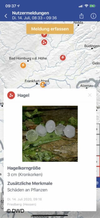 In der Wetterapp des DWD können Unwetterfolgen künftig selbst gemeldet und die Meldungen anderer Nutzer angesehen werden.