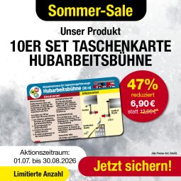 Produkt: 10er Set Taschenkarte: Hubarbeitsbühne HAUS-Regel