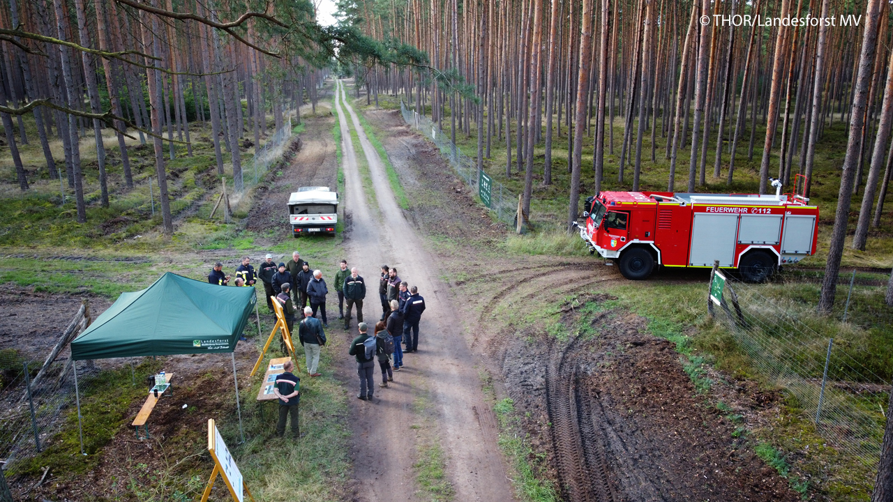 Waldbesitzer, Brand- und Katastrophenschutz sowie Verantwortliche in Verwaltungen und Forstbehörden beschäftigten sich im Waldbrandprojekt THOR mit vorbeugendem Brandschutz. Foto: THOR//Landesforst MV