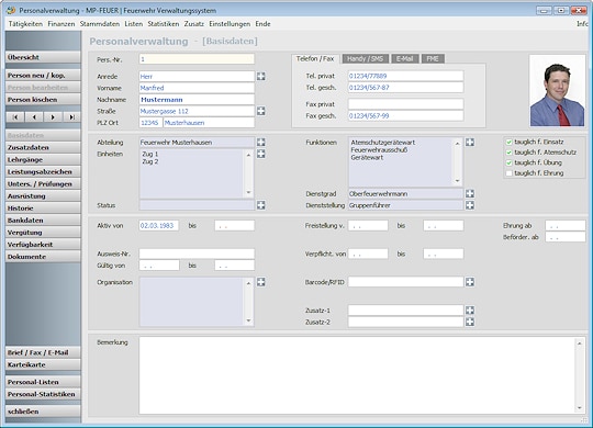 Eingabemaske "Personalverwaltung" der Software "MP-Feuer". Screenshot: MP-Feuer-4-U Eingabemaske "Personalverwaltung" der Software "MP-Feuer". Screenshot: MP-Feuer-4-U