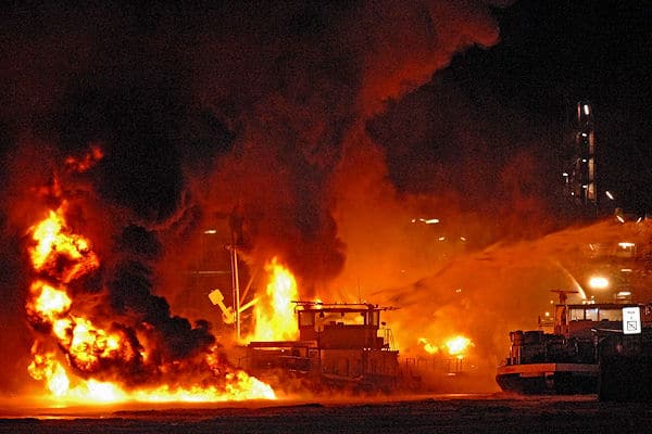 Großbrand neben einer Raffinerie im Hafen von Lingen: Ein mit Benzin beladenes Tankschiff brennt in voller Ausdehnung. Foto: Stephan Konjer Großbrand im Hafen von Lingen: Ein mit Benzin beladenes Tankschiff brennt in voller Ausdehnung. Foto: Stephan Konjer