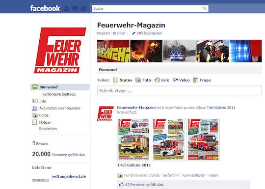 Das Feuerwehr-Magazin hat bei Facebook jetzt mehr als 20.000 Fans. Das Feuerwehr-Magazin hat bei Facebook jetzt mehr als 20.000 Fans.