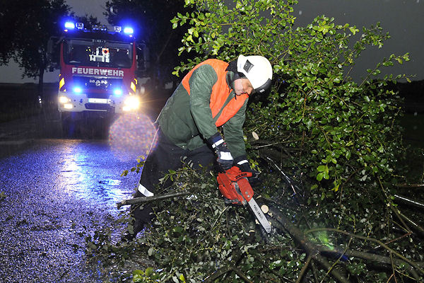 Unwetter: In Dorsten (Kreis Recklinghausen, NW) beseitigt die Feuerwehr einen Baum von einer Straße, der bei starken Sturmböen während eines Gewitters umgestürzt war. Foto: Bludau Unwetter: In Dorsten (Kreis Recklinghausen, NW) beseitigt die Feuerwehr einen Baum von einer Straße, der bei starken Sturmböen während eines Gewitters umgestürzt war. Foto: Bludau