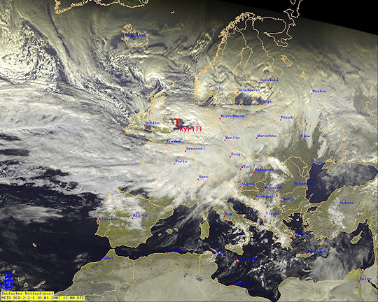 Orkan Kyrill: Das Satellitenbild zeigt das Ausmaß des Sturms im Jahr 2007. Grafik: DWD