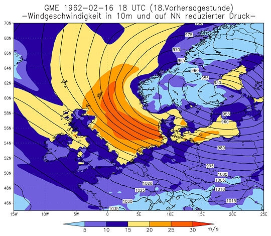 Mit heutigen Modellen nachgerechnete Vorhersagekarte der Windgeschwindigkeit, für den 16.02.1962 - 18 Uhr (UTC). Deutlich zu erkennen sind die orkanartigen Nordwestwinde über der Nordsee. Grafik: DWD