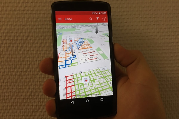 Die 3D-karte der Interschutz-App erleichtert die Orientierung auf dem Messegelände. Foto: Klöpper